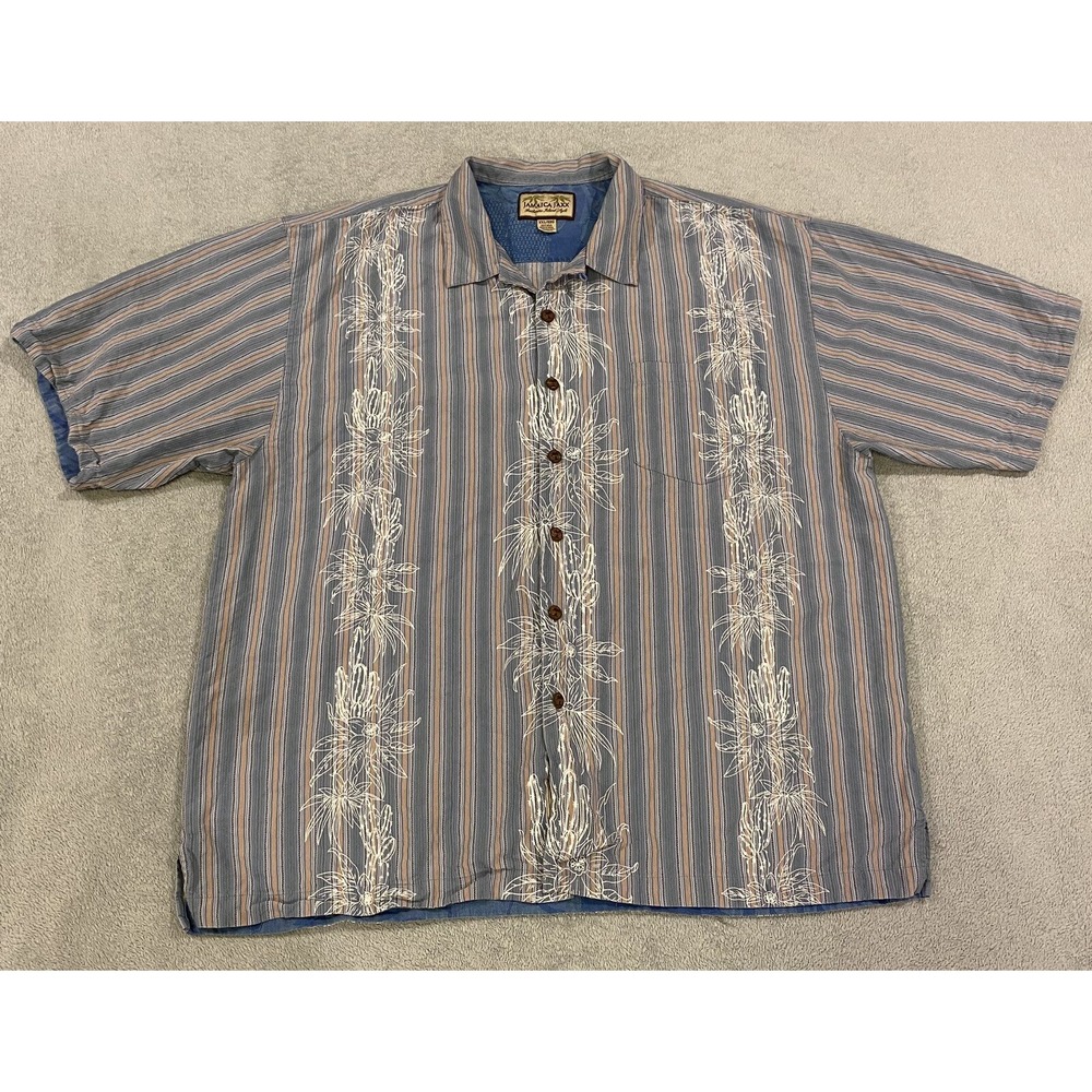 Jamaica Jaxx Men Button Up Shirt 2XL Blue Floral Hawaiian Striped 100% Silk XXL